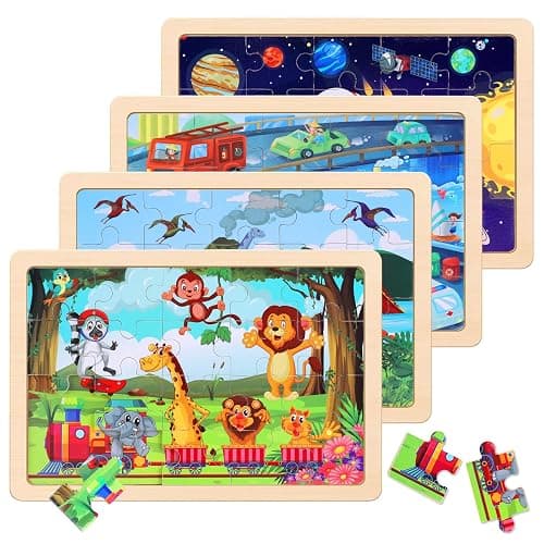 Wooden Educational Jigsaw Puzzles for Preschool Kids Ages 3-5, 4-Pack with 20 Pieces Dinosaur, Space, Transportation Wood Puzzles Set, Toddler Brain Teaser Toys, Gifts for Boys Girls Ages 3 4 5 6 - Image 1