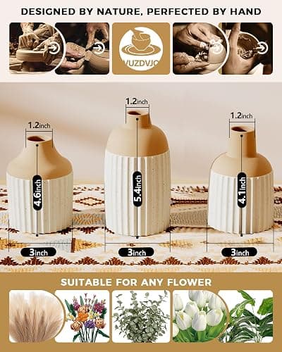 Beige Decorative Vase Set of 3 - Modern Boho Style Ribbed Ceramic Bud Vases for Flowers, Mini Small Vases for Shelf, Shelves, Bookshelf, Entryway Table & Home Decor Aesthetic (Beige White) thumbnail 7