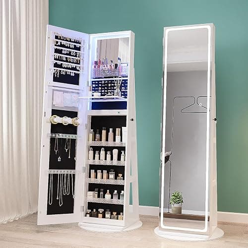 CHARMAID Swivel LED Mirror Jewelry Cabinet Armoire, Full Length Mirror with Storage, 3 Color & Adjustable Lights, Lockable Standing Jewelry Organizer with Lighted Mirror (White) thumbnail 2