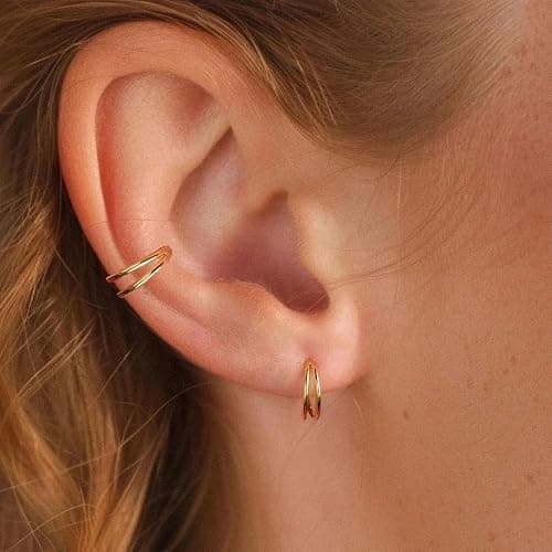 2 PCS Small Cartilage Double-Hoop Helix Conch Piercing Earrings With Cubic Zirconia For Women Trendy 14K Gold Plated Stainless Steel Sets Jewelry thumbnail 3