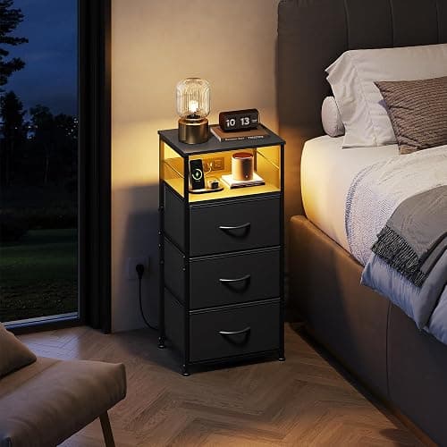 WLIVE LED Nightstand with Charging Station, Black Night Stand with 3 Fabric Drawers and Storage Shelf, Small Dresser for Small Space, 31.9" H Bedside Table with USB Ports and Outlets for Bedroom thumbnail 2