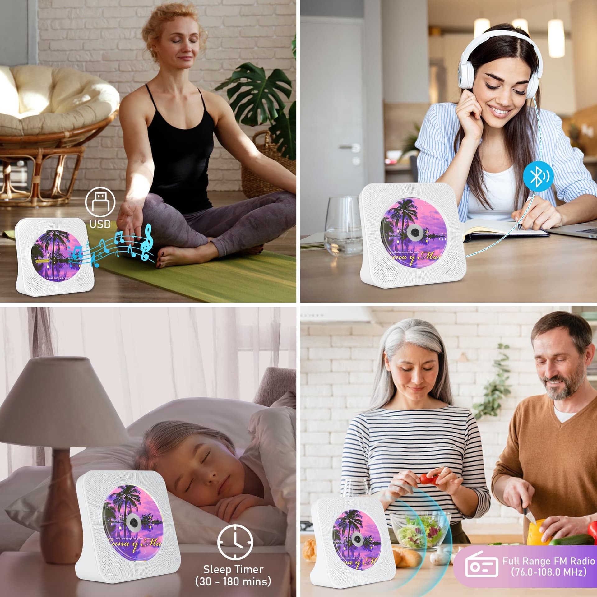 CD Player with Bluetooth 5.0, Portable CD Player for Home Built-in HiFi Speaker, Remote Control, FM Radio, Headphone jack, Timer, Support AUX/USB White thumbnail 7