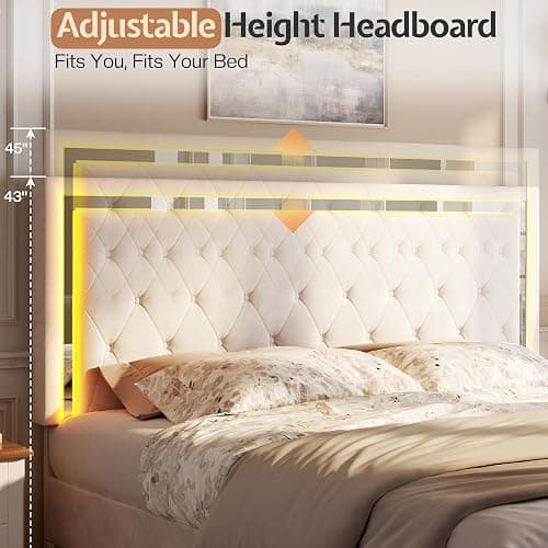 Jocisland Queen Bed Frame with LED Lights Headboard&Footboard, Velvet Upholstered Queen Size Platform Bed Frame No Box Spring Needed/Cream thumbnail 2