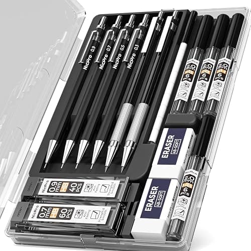 Nicpro 6 PCS Art Mechanical Pencil Set, Black Metal Drafting Pencil 0.3, 0.5, 0.7, 0.9 mm & 2PCS 2mm Graphite Lead Holder(4B 2B HB 2H) For Writing Sketching Drawing With 8 Lead Refills Eraser Case - Image 1