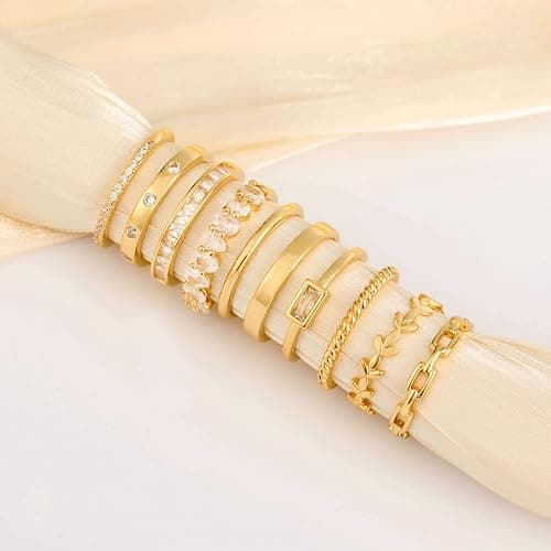 RLMOON 8-12PCS 14K Gold Stacking Ring Set for Women Dainty Thumb Stackable Rings Gold Heart CZ Non Tarnish Rings Plain Band Size 4-11 thumbnail 6