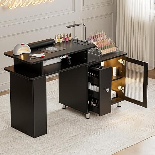 Paddie Manicure Table Nail Desk with LED Lamp & Light, Glass Cabinet Door Nail Table Station w/Dust Collector, Charging Station, Removable Acrylic Container, Cabinet and Drawer(Black-New) thumbnail 2