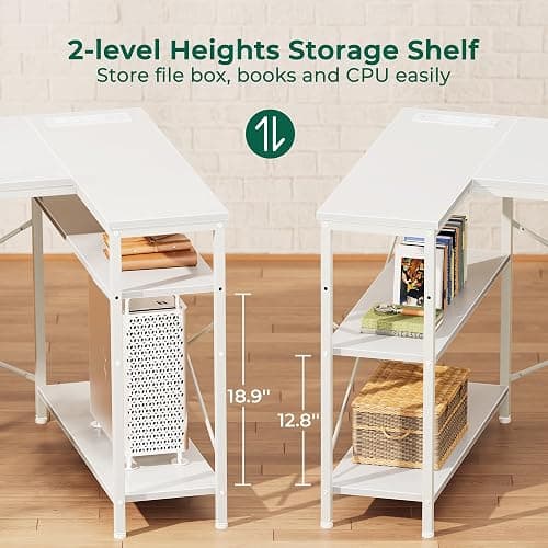 Huuger L Shaped Office Desk with Power Outlets, 47 Inch Computer Desk with 3 Drawers, Shelves, for Gaming, Corner Work, Home Office, Study, White thumbnail 7