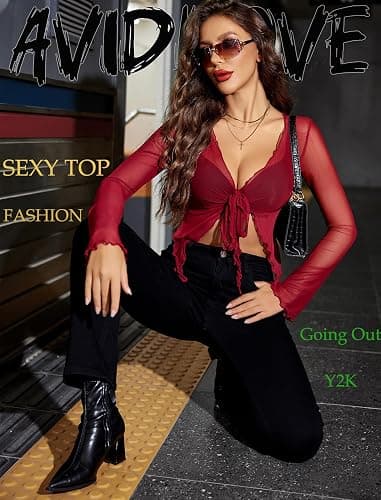 Avidlove Women's Mesh Top Summer Long Sleeve Cardigan Sexy Sheer Shrug Blouse Short Open Front Shirt V-Neck Elegant Crop Top Festival Outfit thumbnail 4
