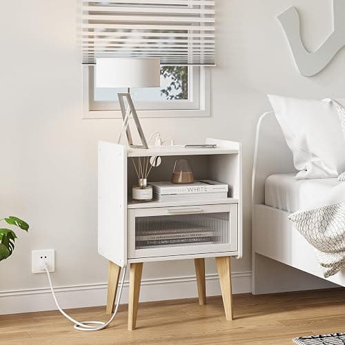 Nightstand with Charging Station, Bedside Tables with Glass Decorative Door, End Table Side Table with 2 Tiers Storage Space, for Bedroom, Living Room, White CAMLBZ07WE thumbnail 2