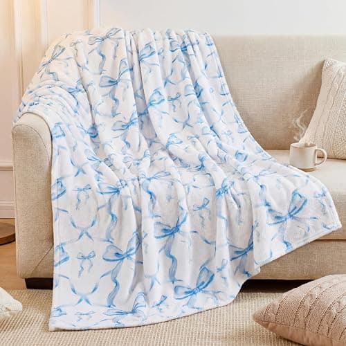 Buryeah Blue Bow Throw Blanket 50"x60" Soft Flannel for Girls Women | Coquette Aesthetic Decor with Ruffled Edges, Ultra Plush Bed Sofa Blanket, Preppy Gift for Teens, Back to School Dorm Room thumbnail 4