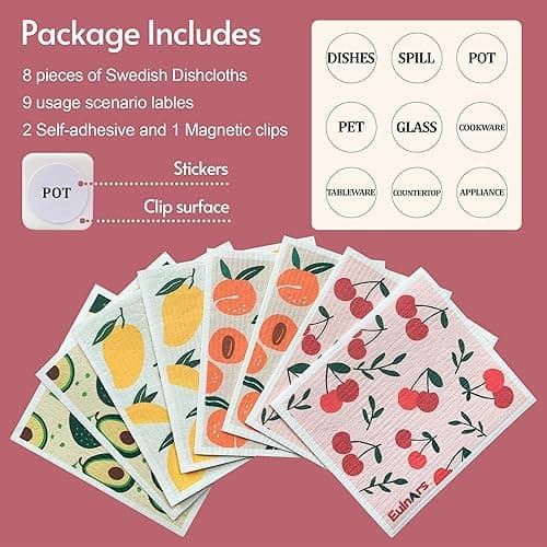 Eulnars Swedish Dishcloths for Kitchen, 8 Pack Reusable Paper Towels with Clips, Non-Scratch Swedish Kitchen Towels, Super Absorbent Cellulose Sponge Cloths, Dishwasher Safe, No Odor - Fruit Party thumbnail 6