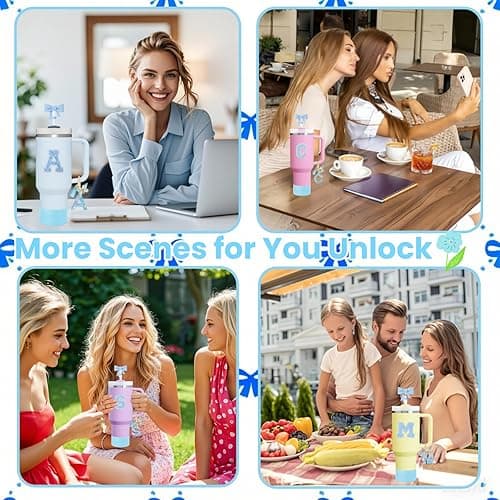 6pcs Blue Stanley Cup Accessories Set, Bow Straw Topper for Stanley Cup 30oz 40oz, Including Straw Topper and Sparkly Silicone Boot, Stoppers Spill Proof, Handle Charm, Initials Sticker - I thumbnail 7