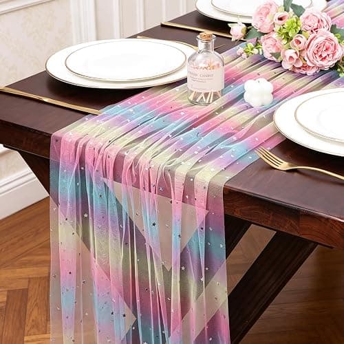 TuTive Iridescent Moon and Stars Gauze Table Runner 120 Inch 10FT Rainbow Tulle Silver Sequin Glitter Table Runner Colorful Dining Wedding Rainbow Birthday Decorations Unicorn Decor Holiday Home Party - Image 1