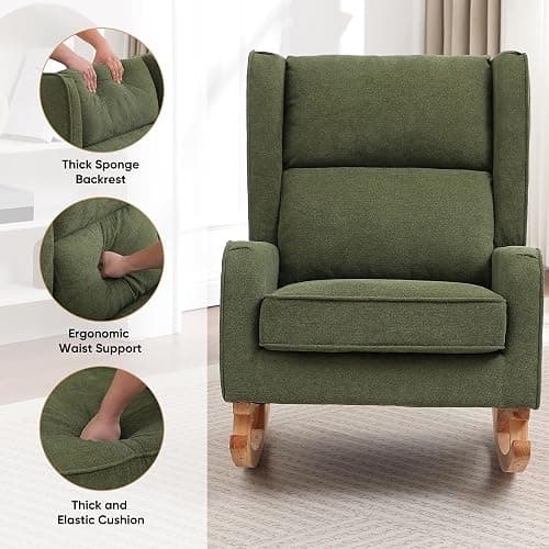 HCHAIRH Nursery Rocking Chairs, Rocking Chair Nursery for Mom Nursery Rocker with High Backrest and Solid Wood Legs, Modern Wingback Accent Rocking Chair for Reading Living Room Bedroom Green thumbnail 6