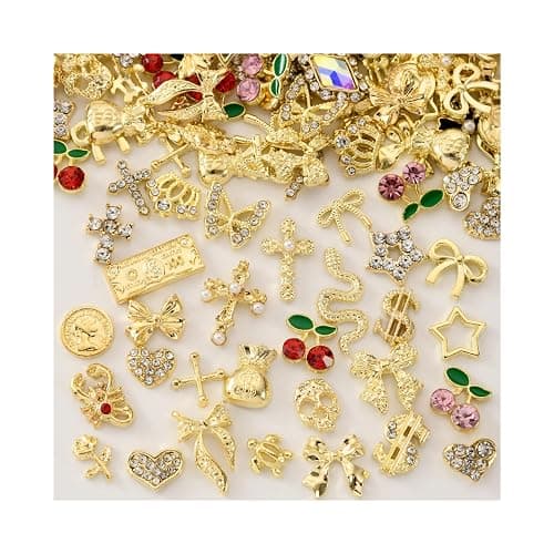 OPMADM 100Pcs Gold Nail Charms and Gems Charms for Nails Design Gold Charms for Nails Metal Bow Cherry Butterfly Cross Heart Star and Flowers - Image 1