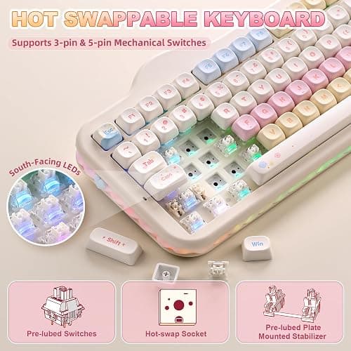 YUNZII C98 Drahtlose Mechanische Tastatur mit Nummernblock,BT5.0/2,4G/USB-C,Hot-Swap Gasket Mount,PBT MOA-Tastenkappen,RGB, Niedliche Kuchen Tastatur für Windows/Mac (Beige, Milk V2 Linear Switch) thumbnail 5