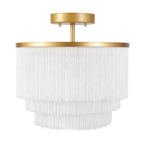 Globe Electric 65892 1-Light Flush Mount Ceiling Light, Matte Gold, White Fabric Fringe Shade, Bulb Not Included - Image 1