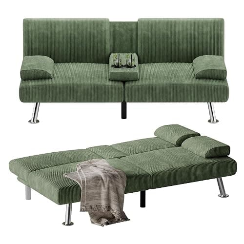 Flamaker Futon Sofa Bed Corduroy Folding Couch Adjustable Sleeper Sofa Bed for Small Apartment Upholstered Living Room Furniture Set with 2 Cup Holders Removable Armrests (Corduroy, Green) - Image 1