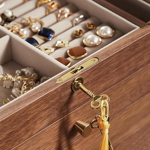 Homruilink Black Walnut Wooden Jewelry Box for Women, 6 Layer | Locking Large Wood Jewelry Organizer with 2 Side Doors & Mirror, For Watch Necklace Ring Earring, Velvet-Lined, Gift thumbnail 7