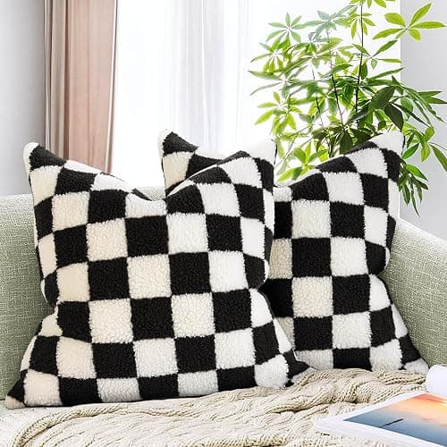 AmHoo Pack of 2 Decorative Throw Pillow Covers Checkerboard Luxury Super Soft Faux Fur Wool Set Case Cushion for Couch Sofa Bedroom 18 x 18-Inch Black - Image 1