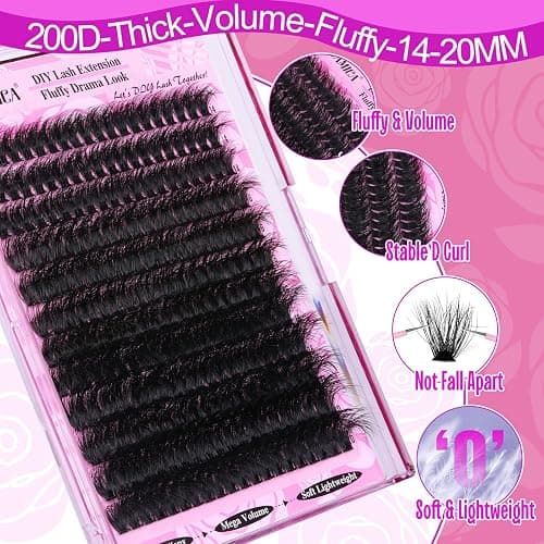 Yawamica Fluffy Lash Clusters Thick 200D Volume Eyelash Clusters 14-20mm Wispy Individual Lashes D Curly Cluster Eyelash Extensions 240pcs DIY Lash Extension for Beginners thumbnail 2