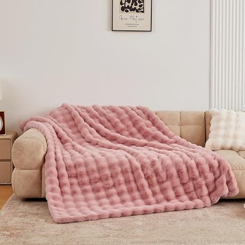 BENVWE Faux Fur Throw Blanket for Couch Bed - Fluffy Soft Thick Bubble Blanket for Living Room Home Decor - Mothers Day Birthday Gifts for Women, Dusty Pink, 63" x 80" - Image 1