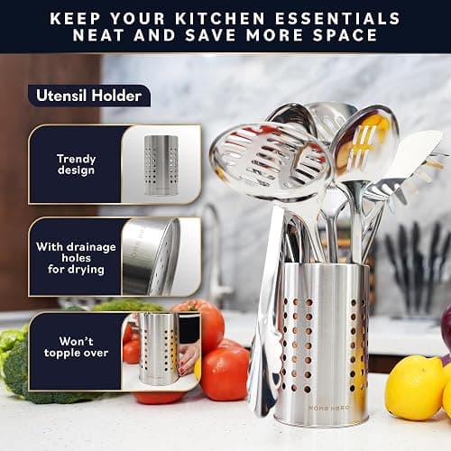 Home Hero Stainless Steel Kitchen Utensils Set - Nonstick Cooking Utensils Set - Heat Resistant Kitchen Essentials & Metal Kitchen Gadgets (10 pcs - Wood and Stainless Steel) | Ergonomic Wood Handle Stainless Steel Kitchen Utensils - Rust-Resistant, Nonstick Safe with Storage Holder (10-Piece) thumbnail 6