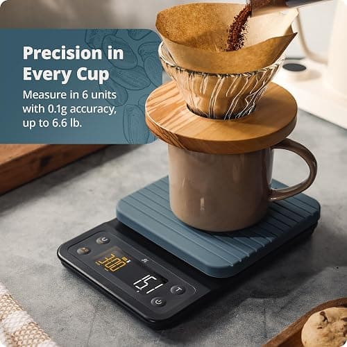 Greater Goods Digital Coffee Scale with Timer – Accurate 0.1g Precision, Multi-Color Display, Waterproof & Heat-Resistant Cover, for Pour-Over, Espresso, French Press, and Kitchen Use (Stone Blue) thumbnail 3