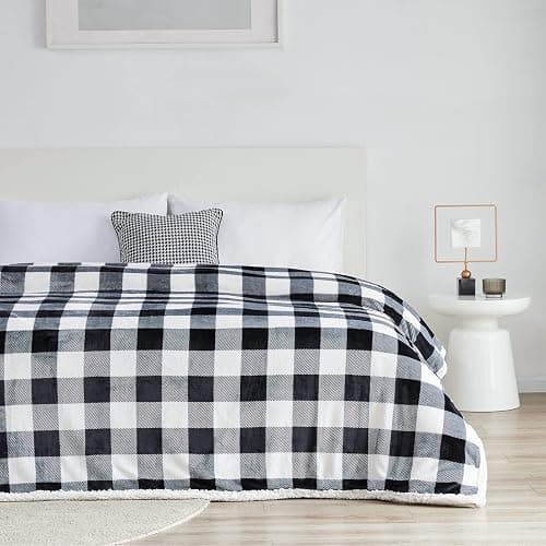 Touchat Sherpa Plaid Twin Blanket 60" X 70", Fuzzy Fluffy Soft Cozy Throw Blanket, Twin Size Plush Fleece Flannel Plush Microfiber Blanket for Couch Bed Sofa (Black) thumbnail 4
