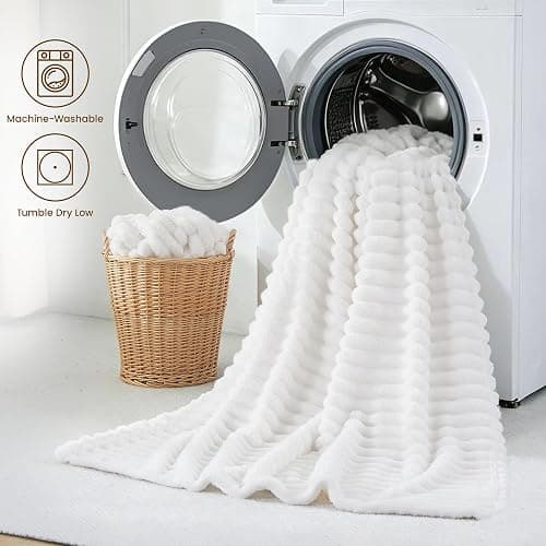 Taliska White Fleece Throw Blanket 50"x60" - Soft Cozy Fluffy Striped Blanket for Couch Sofa Travel, Lightweight Warm Throw Blankets for All-Season Home Decor thumbnail 6