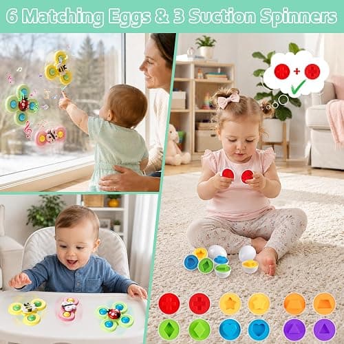 Plunack Montessori Baby Toys 6 in 1 Sensory Developmental Learning Set | Stacking Blocks, Rings, Pull String, Suction Cup Spinner, Matching Eggs & Sensory Bin, BPA-Free, Infant Developmental Skills thumbnail 4