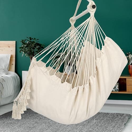 Y- STOP Hammock Chair Hanging Rope Swing, Max 500 Lbs, 2 Cushions Included, Large Macrame Hanging Chair with Pocket for Superior Comfort, with Hardware Kit (Beige) - B-beige thumbnail 2