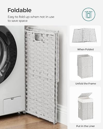 SONGMICS Laundry Hamper with Lid, 17.2 Gallon (65 L) Synthetic Rattan Clothes Laundry Basket with Lid and Handles, Foldable, Removable Liner, Cloud White ULCB165W01 thumbnail 8