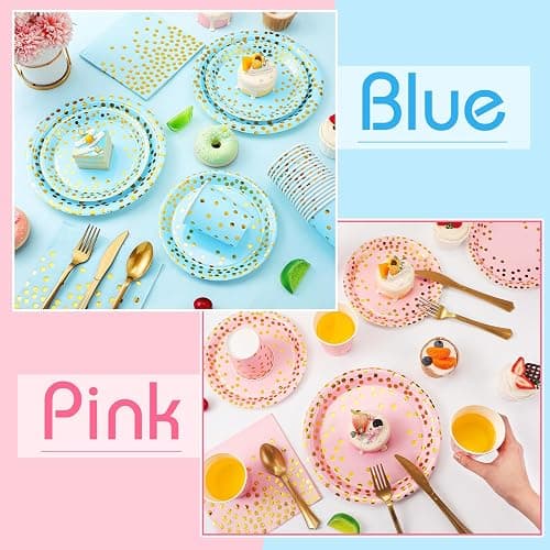 Tegeme 256 Pcs Pink and Blue Gender Reveal Party Supplies Disposable Paper Plate Napkin Cup Gold Dot Plastic Tablecloth Fork Knives Spoon Serve 36 Guest for Easter Baby Shower Birthday Decoration - Pink, Blue, Gold - Gold Dot thumbnail 5