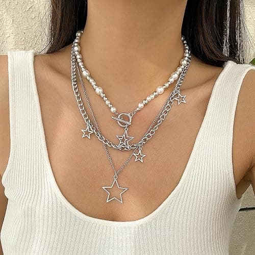 Inactwin Star Y2k Silver Necklace Grunge Layered Necklace Cute Aesthetic Stack Toggle Chain Necklaces Gothic Vintage Emo Jewelry Set for Women thumbnail 2