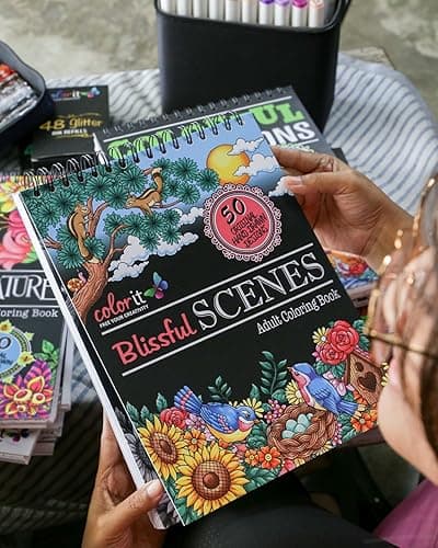 Blissful Scenes Adult Coloring Book - Features 50 Original Hand Drawn Designs Printed on Artist Quality Paper, Hardback Covers, Spiral Binding, Perforated Pages, Bonus Blotter thumbnail 6