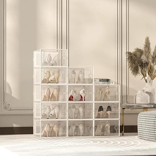 Kuject X-Large Shoe Storage Boxes Organizers Clear Plastic Stackable 12 Pack, Shoe Rack & Holder Substitute, Sneaker Containers, Toy Storage Organizer Bins for Entryway, Closet, Under Bed, White - X-Large - White thumbnail 2