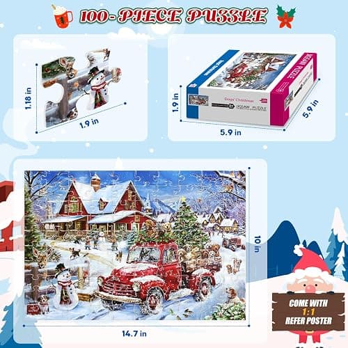 100 Piece Christmas Puzzle for Kids Ages 4-8 Jigsaw Puzzles 100 Pieces for Boys Girls Ages 6-8 8-10 - Dogs' Christmas thumbnail 3