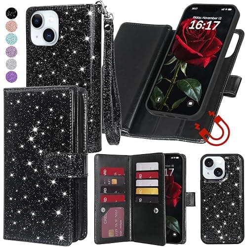 Varikke for iPhone 15 Case Wallet Strong Magnetic Detachable, Black | Magnetic Detachable Phone Cover, with 9-Card Holder Slots, Glitter PU Leather Flip Removable Wallet for Women with Wristlet - Image 1