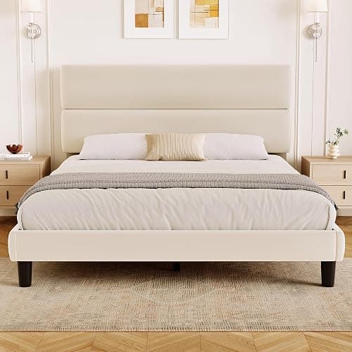 GRUSIGN Queen Size Platform Bed Frame with Velvet Headboard, Adjustable Height Wooden Slats Support, Upholstered Mattress Foundation, Fits Mattress or Mattress with Box Spring, Easy Assembly, Beige - Image 1