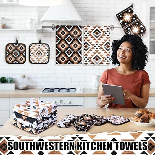 Teenyyou 8 Pcs Western Aztec Kitchen Towels Southwestern Pot Holders and Oven Mitt Set 4 Aztec Dish Towels 2 Rustic Absorbent Square Potholders 2 Heat Resistant Glove for Cooking Baking Home Gifting thumbnail 5