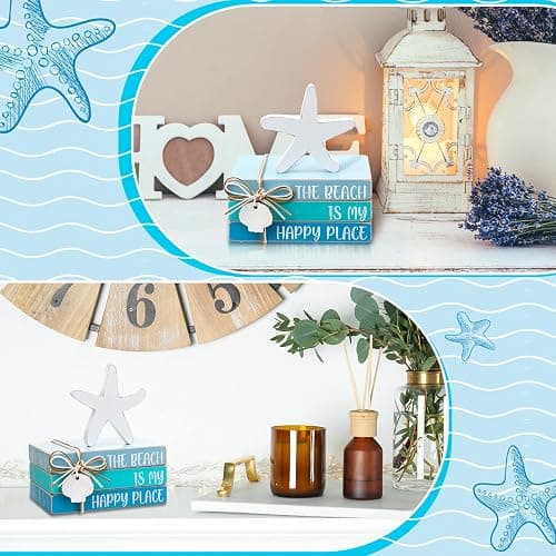 Pinkunn 4 Pcs Beach Tiered Tray Decor Table Centerpiece for Summer Starfish Coastal Rustic Wooden Block Blue and White Beach Nautical Decor Decorative Signs & Plaques for Home Shelf Mantel thumbnail 6