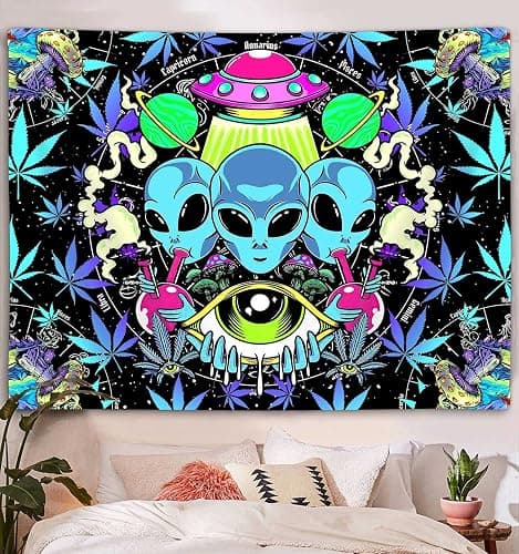 Cool Trippy Weed Tapestry, Funny Alien UFO Tie Dye Marijuana Leaf Tapestry Wall Hanging for Men Bedroom, Psychedelic Mushroom Cannabis Tapestries Poster Blanket College Dorm Home Decor (60X40) thumbnail 5