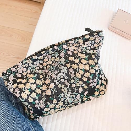 Travel Makeup Bag Accessory Zipper Pouch for Cosmetics, Purse Organizer, Embroidery Lucky Flowers Black thumbnail 9