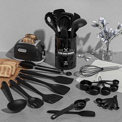 Umite Chef 22-Piece Silicone Cooking Utensils Set，Heat Resistant & Dishwasher Safe Kitchen Tools, Black Non-Scratch Spatula Set for Nonstick Cookware (Black) thumbnail 2