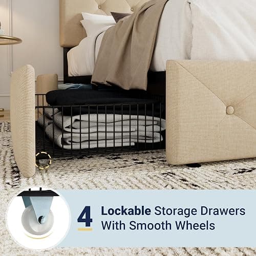 Allewie Upholstered Queen Size Platform Bed Frame with 4 Storage Drawers and Headboard, Diamond Stitched Button Tufted, Mattress Foundation with Wooden Slats Support, No Box Spring Needed, Beige thumbnail 5