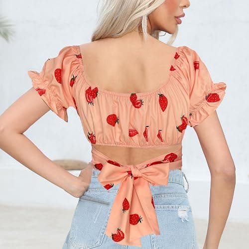 COOUFE Women's Crop Tops Ruffle Short Sleeve Tie Back Summer Off Shoulder Top Blouse thumbnail 2