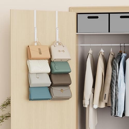 SWTYMIKI Over the Door Purse Organizer - 2 Packs Wall Mounted Purse Rack with 5 Hooks Design, Hanging Handbag Organizer Storage Holds up to 10 Bags, Bag Rack for Closet, Door (White) thumbnail 2