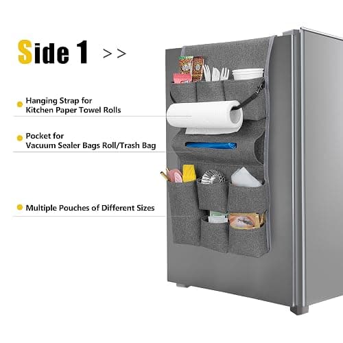 Rexmica Mini Fridge Organizer, Dust Cover with 14 Pockets for Most Household Refrigerators, Hanging Mini Fridge Caddy Organizer Storage Bag for Dorm, Office, Kitchen, Home, School, Gray thumbnail 3