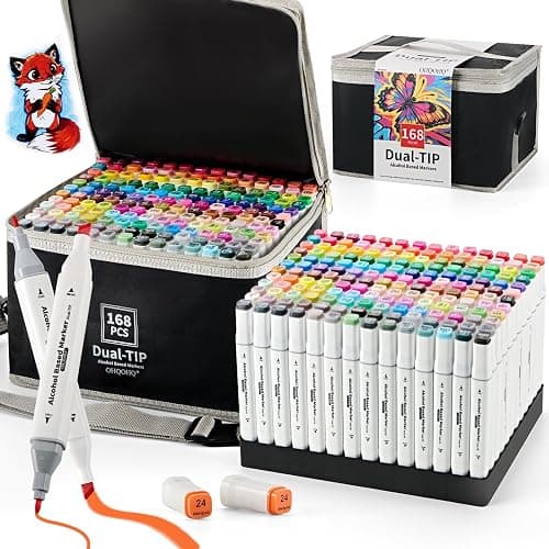 OHQOHQ Alcohol Markers Set 168 Colors with Case & Pen Holder, Dual Tip Alcohol Based Art Markers, Chisel & Fine Tip Coloring Markers for Adult Coloring Books, Drawing, Illustration, Art Supplies - Image 1